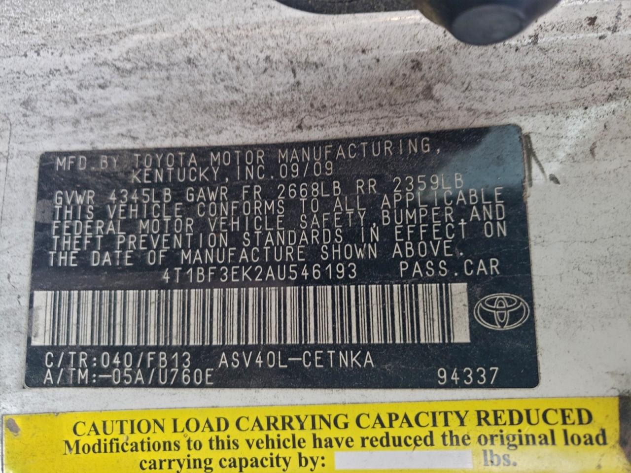 2010 Toyota Camry Base VIN: 4T1BF3EK2AU546193 Lot: 94436055