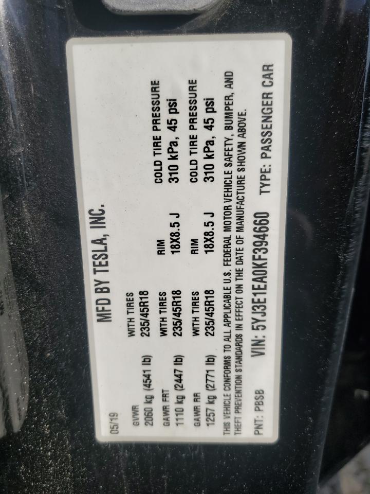 2019 Tesla Model 3 VIN: 5YJ3E1EA0KF394660 Lot: 93622845