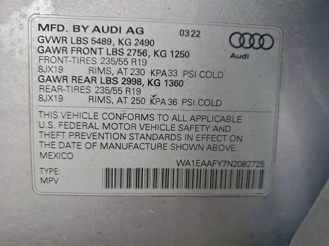 2022 Audi Q5 Premium Plus 45 VIN: WA1EAAFY7N2082725 Lot: 93645625