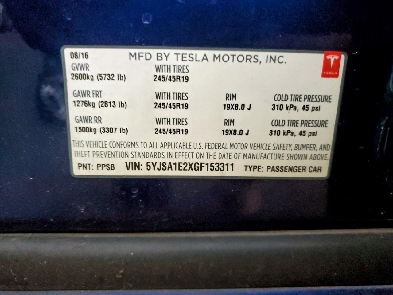 2016 Tesla Model S VIN: 5YJSA1E2XGF153311 Lot: 93778365