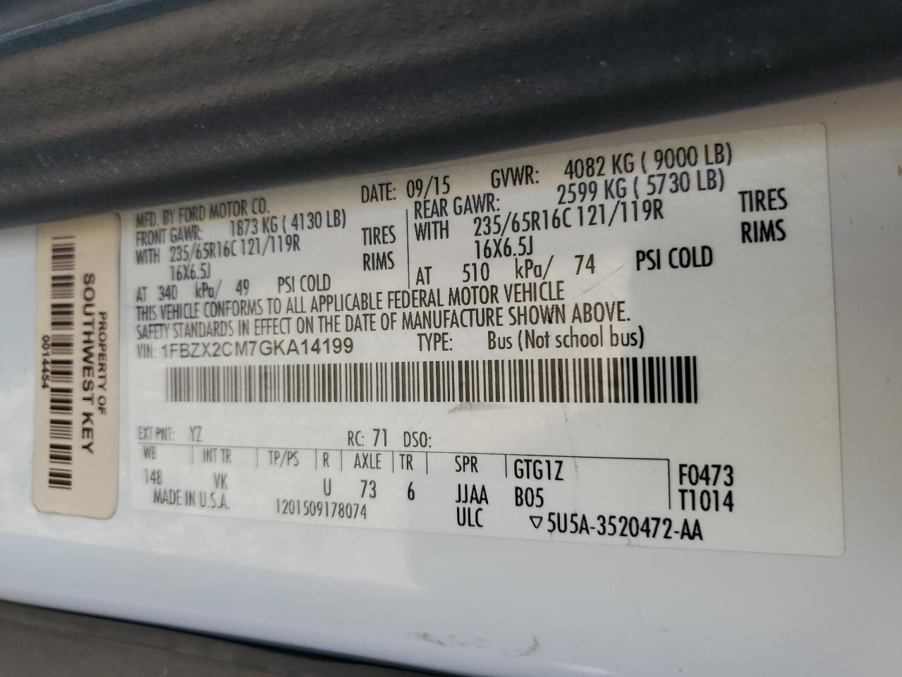 2016 Ford Transit T-350 VIN: 1FBZX2CM7GKA14199 Lot: 91264945