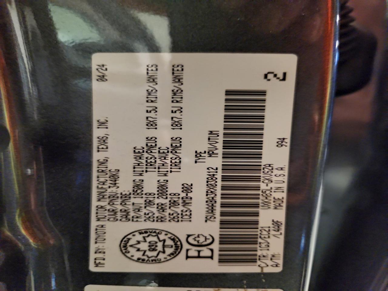 2024 Toyota Sequoia Sr5 VIN: 7SVAAABA3RX038412 Lot: 93537295