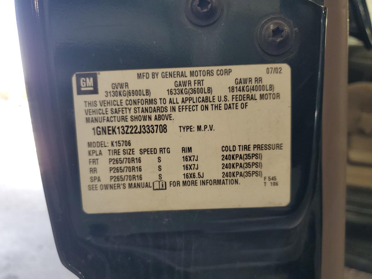 2002 Chevrolet Tahoe K1500 VIN: 1GNEK13Z22J333708 Lot: 92179155