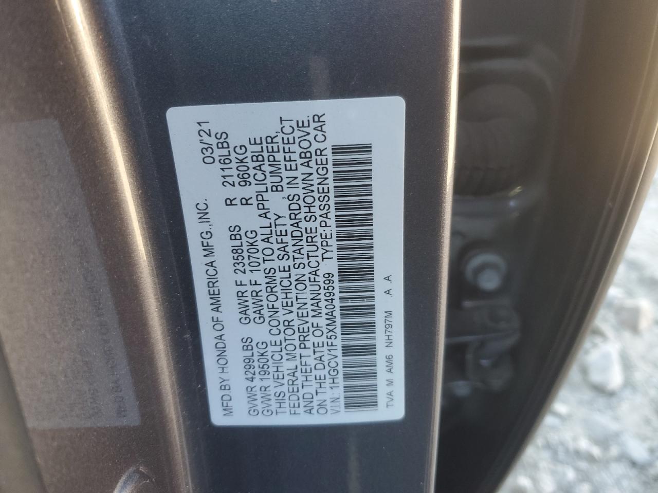 2021 Honda Accord Exl VIN: 1HGCV1F5XMA049599 Lot: 91529205