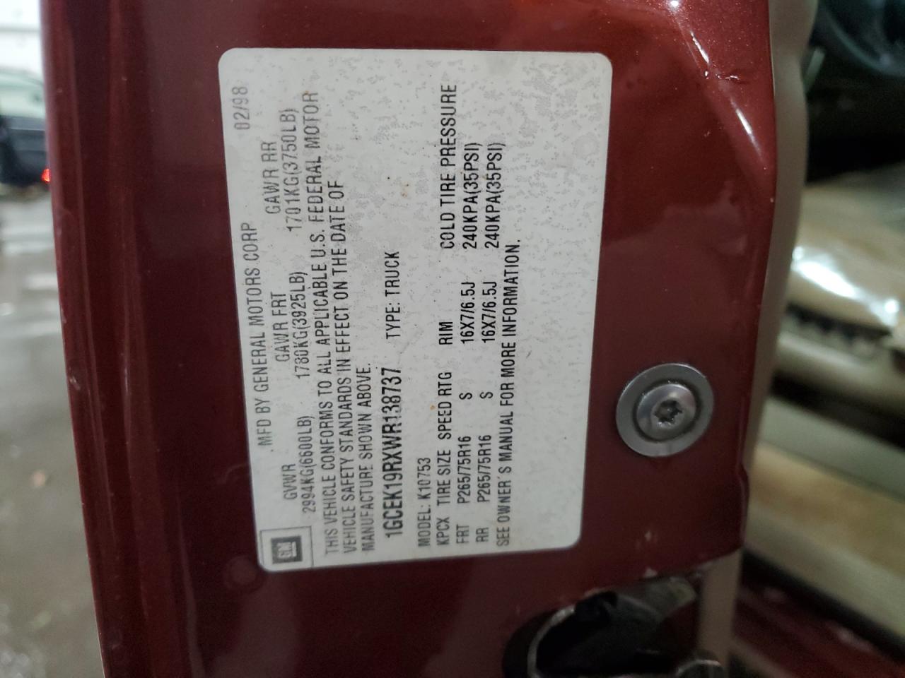 1998 Chevrolet Gmt-400 K1500 VIN: 1GCEK19RXWR138737 Lot: 91144175