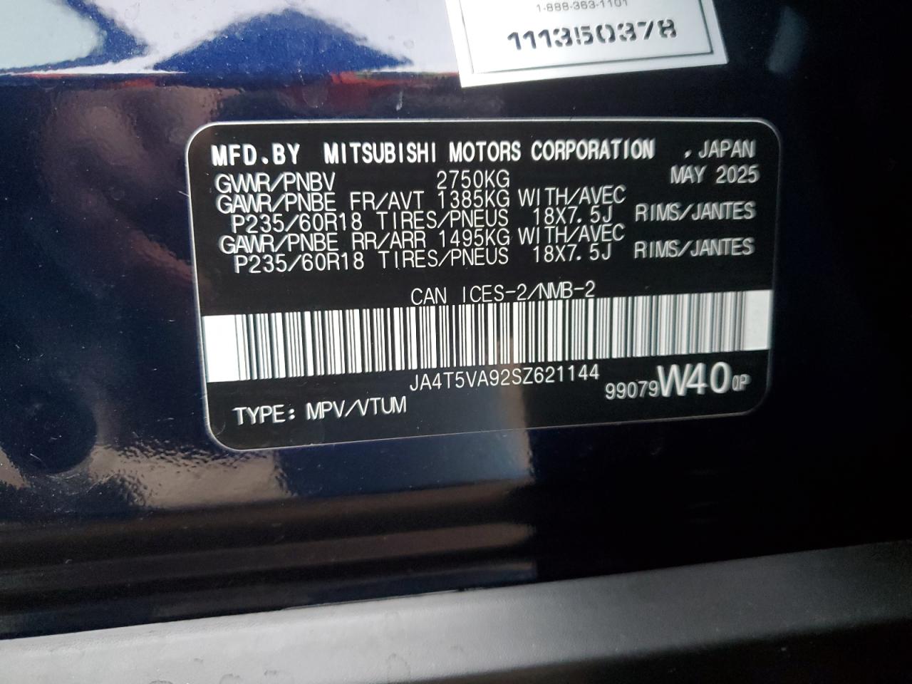 2025 Mitsubishi Outlander Se VIN: JA4T5VA92SZ621144 Lot: 91590665