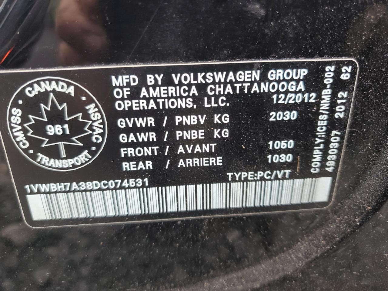 2013 Volkswagen Passat Se VIN: 1VWBH7A38DC074531 Lot: 92844725