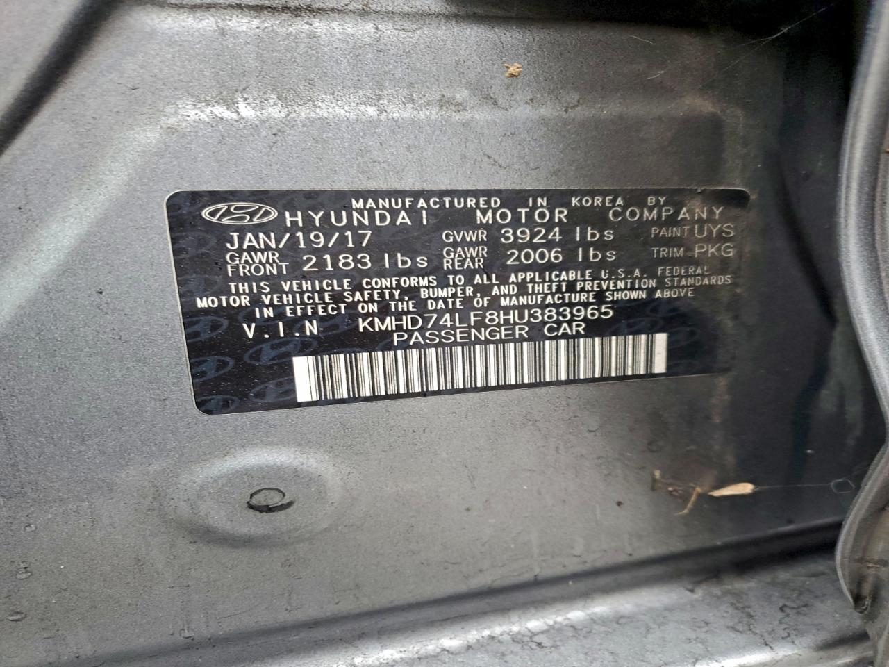 2017 Hyundai Elantra Se VIN: KMHD74LF8HU383965 Lot: 94086815