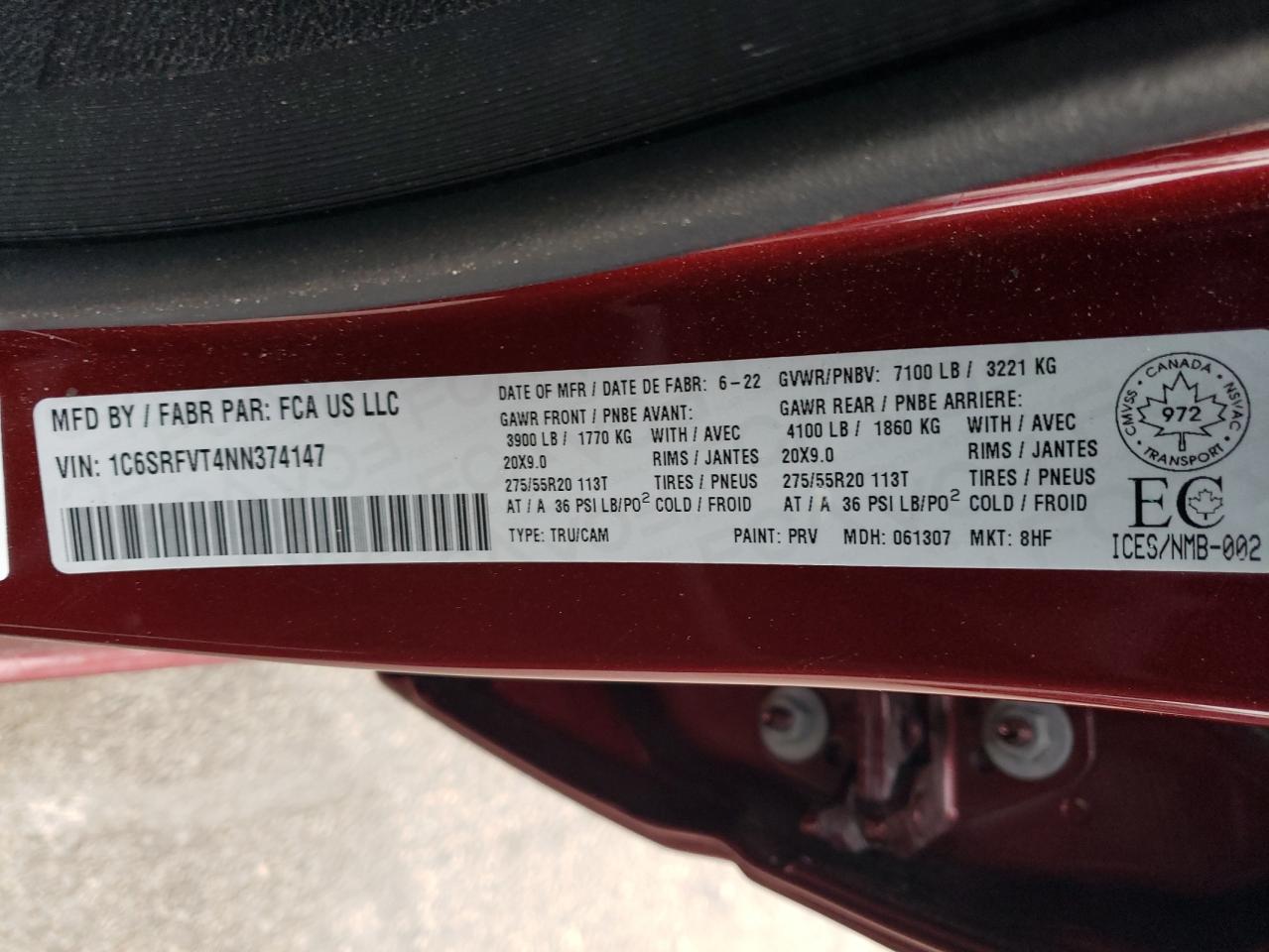2022 Ram 1500 Sport VIN: 1C6SRFVT4NN374147 Lot: 91546475
