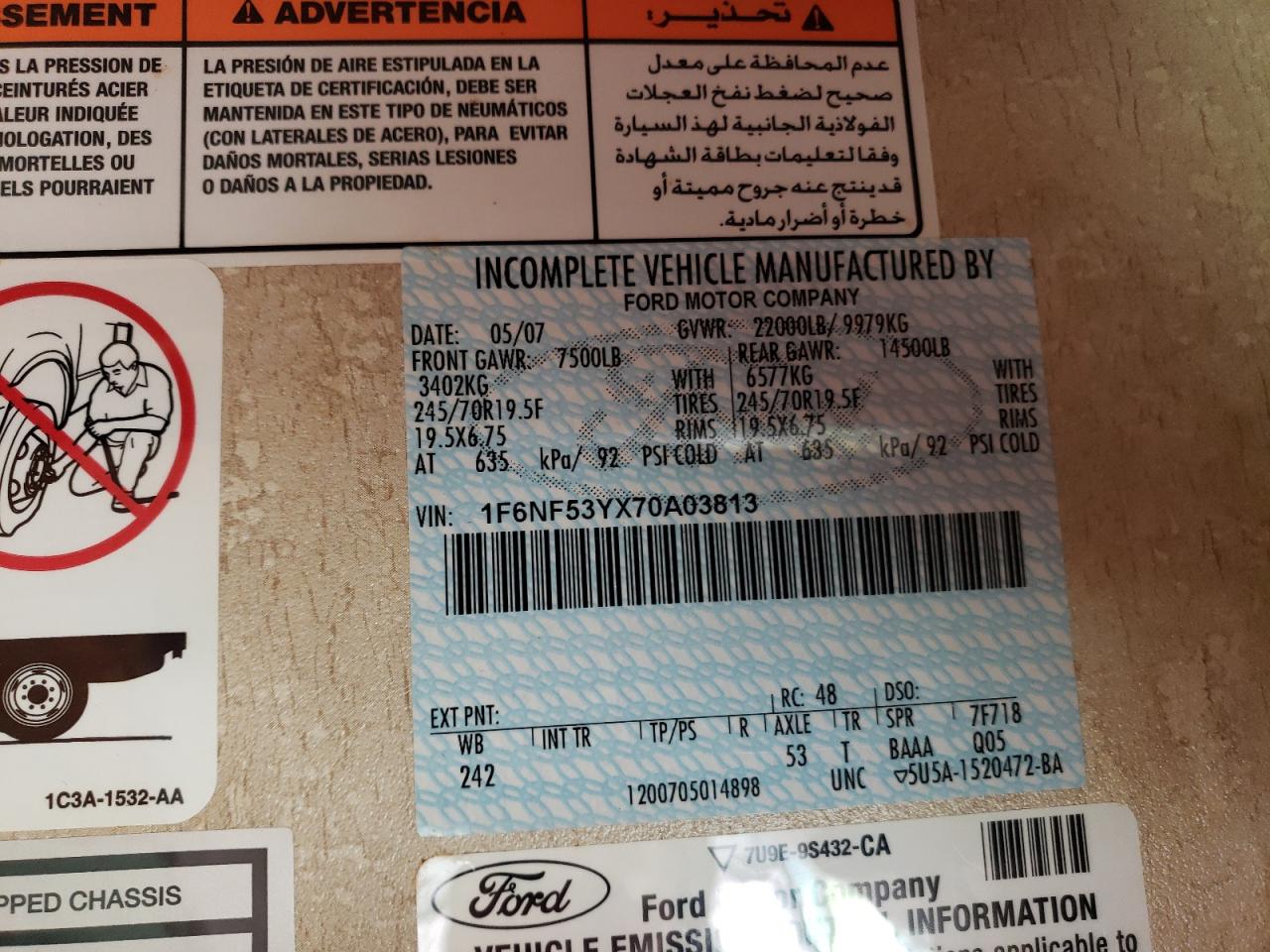 2007 Ford F550 Super Duty Stripped Chassis VIN: 1F6NF53YX70A03813 Lot: 92252505