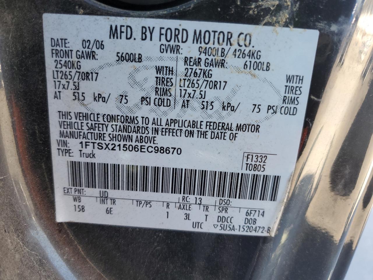 2006 Ford F250 Super Duty VIN: 1FTSX21506EC98670 Lot: 89904645