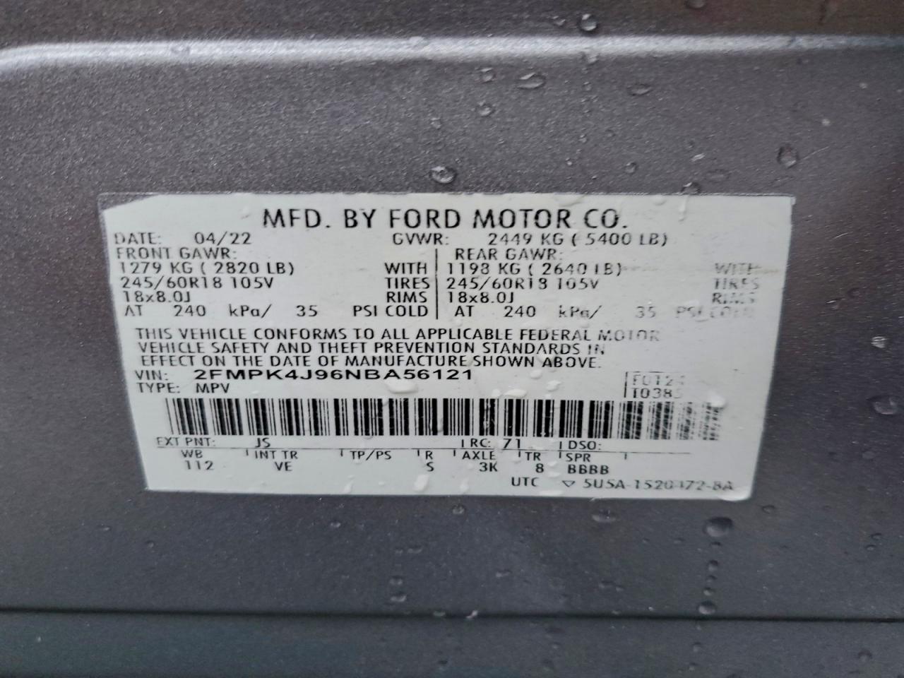 2022 Ford Edge Sel VIN: 2FMPK4J96NBA56121 Lot: 94595385