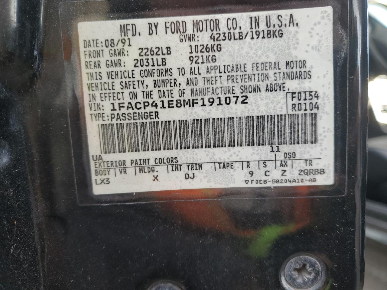 1991 Ford Mustang Lx VIN: 1FACP41E8MF191072 Lot: 91266395