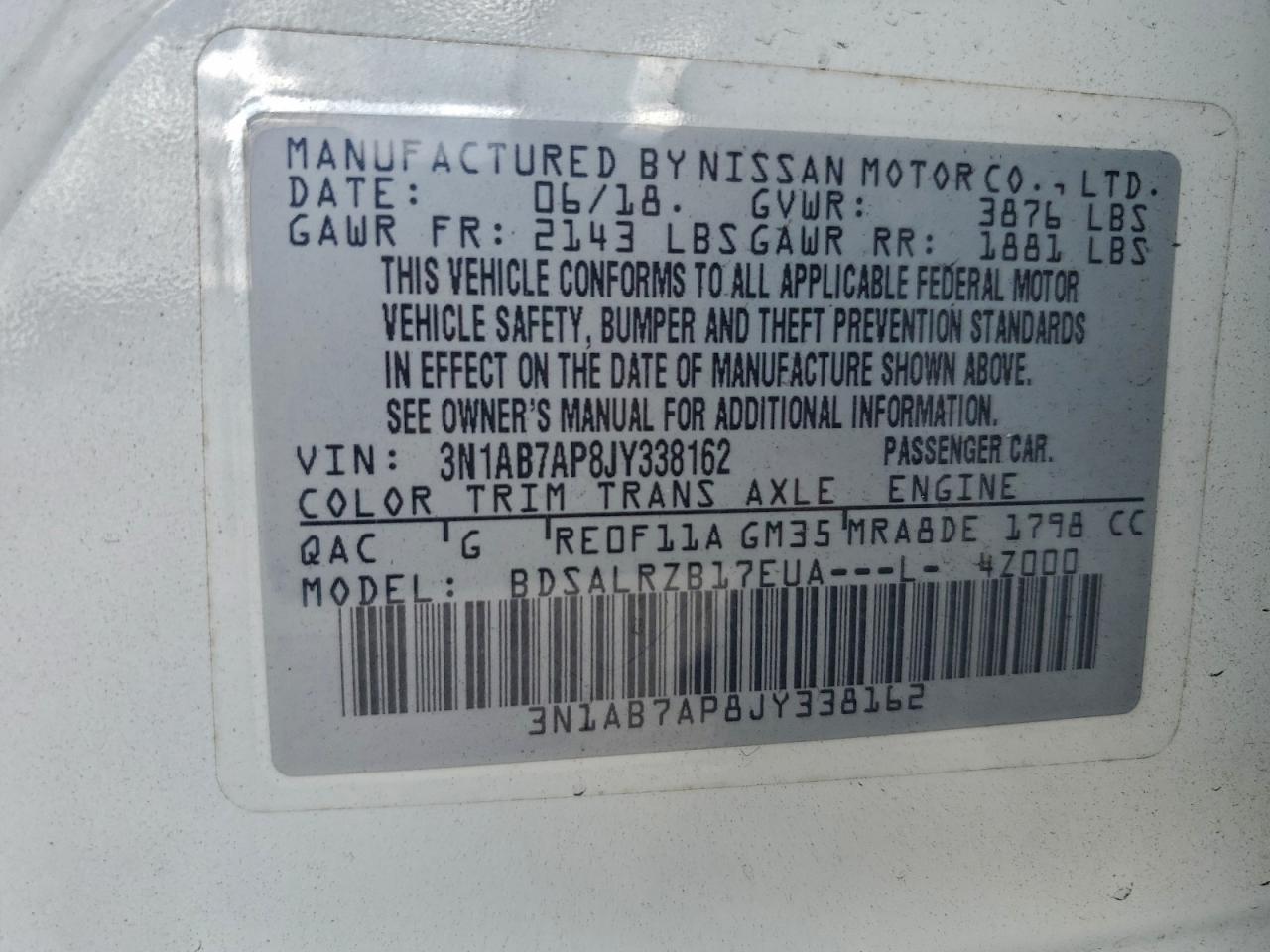 2018 Nissan Sentra S VIN: 3N1AB7AP8JY338162 Lot: 93744175