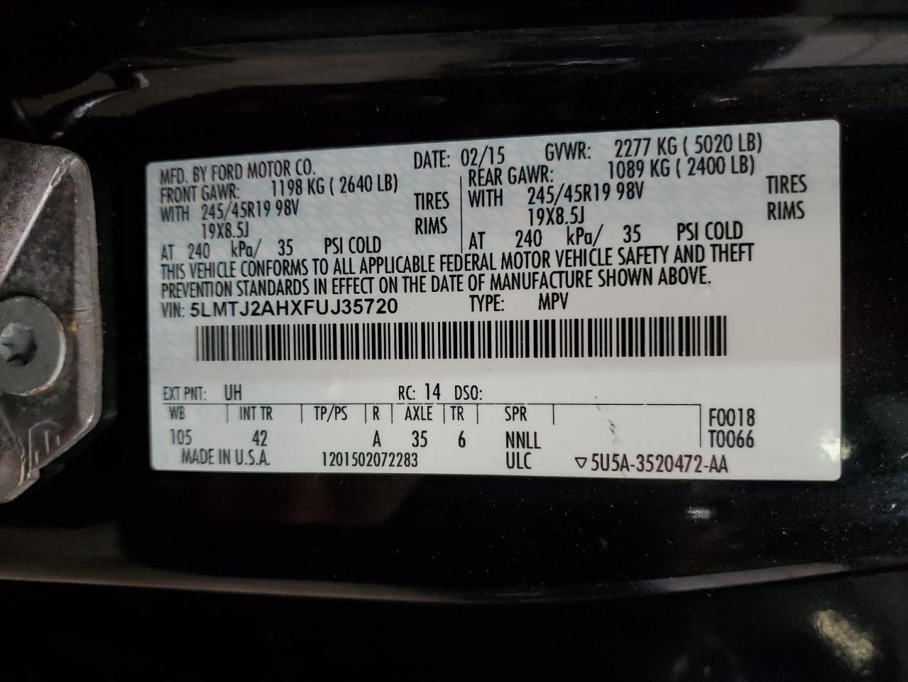 2015 Lincoln Mkc VIN: 5LMTJ2AHXFUJ35720 Lot: 92878795