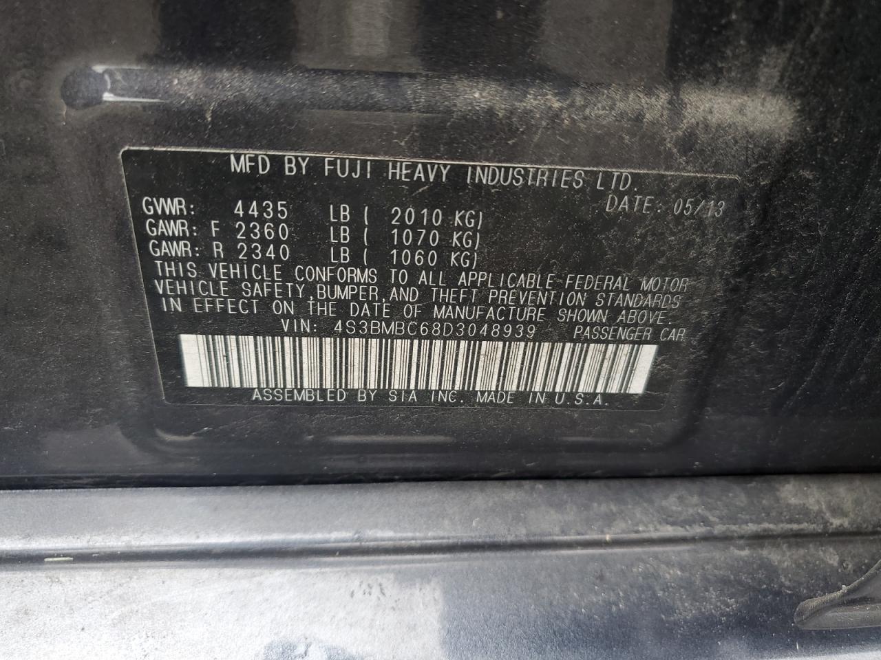 2013 Subaru Legacy 2.5I Premium VIN: 4S3BMBC68D3048939 Lot: 91457975