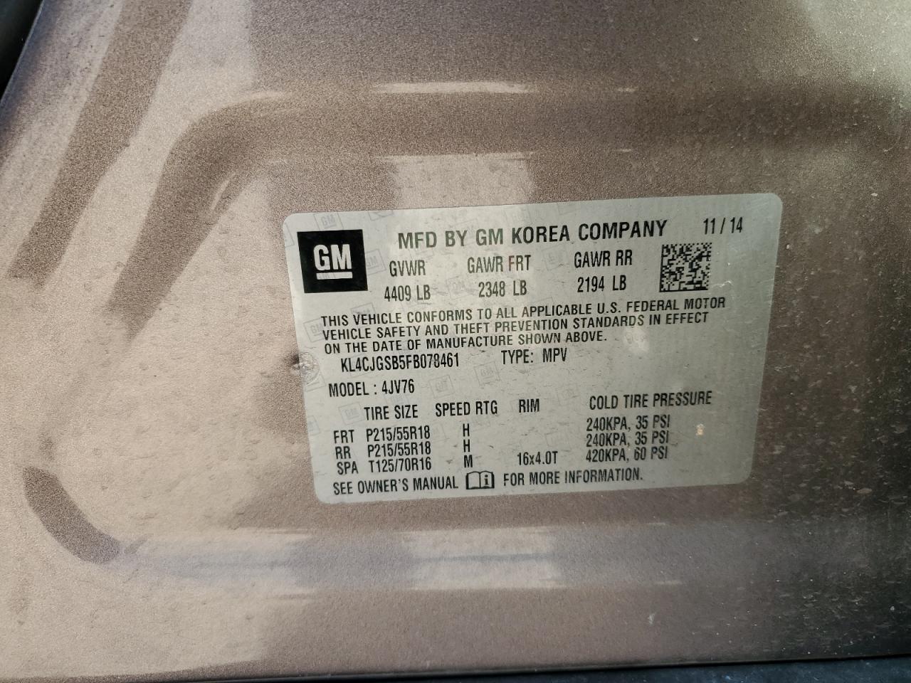 2015 Buick Encore VIN: KL4CJGSB5FB078461 Lot: 92393285