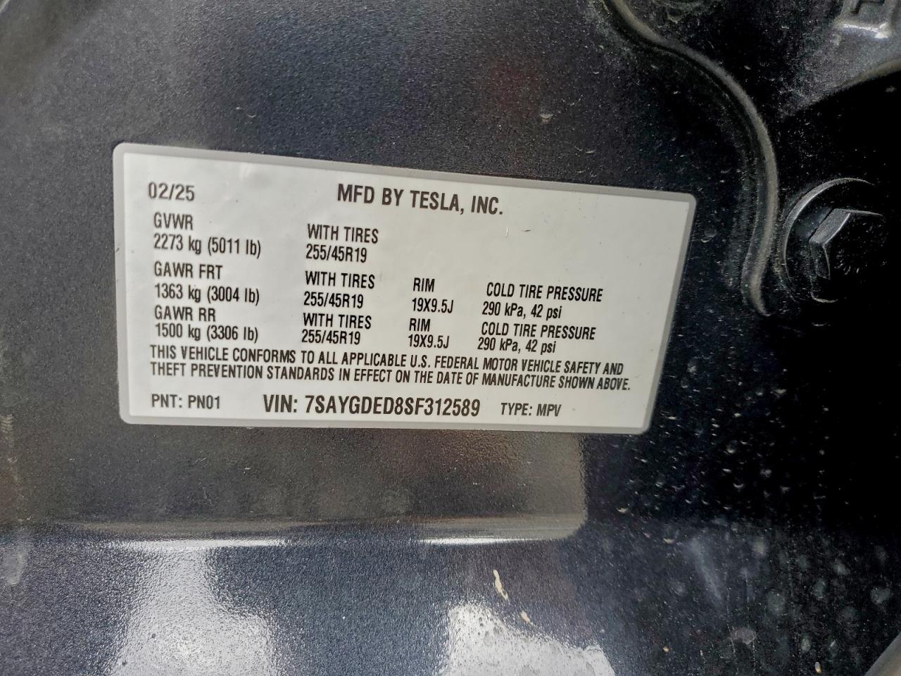 2025 Tesla Model Y VIN: 7SAYGDED8SF312589 Lot: 93557315