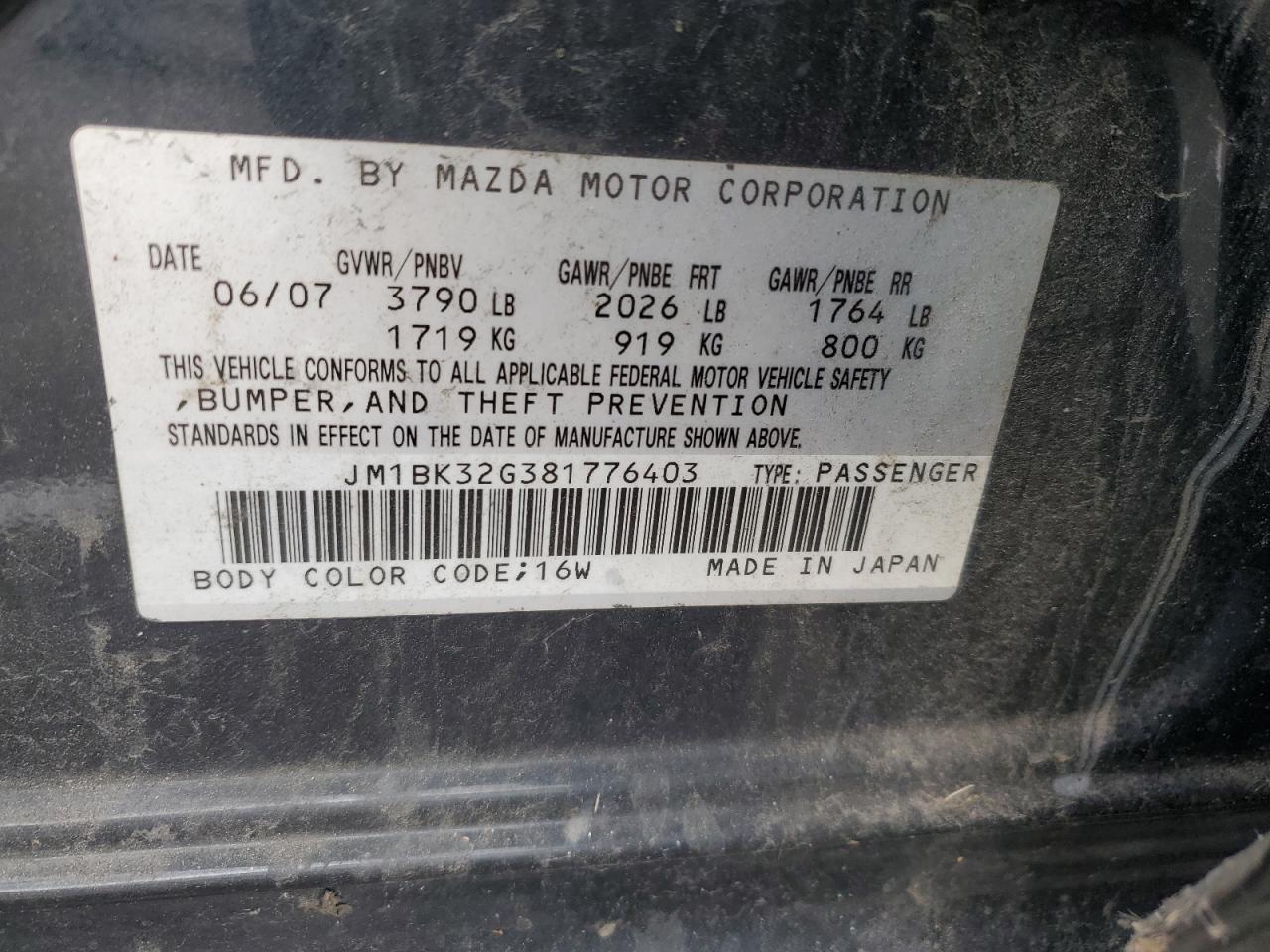 2008 Mazda 3 I VIN: JM1BK32G381776403 Lot: 92804195