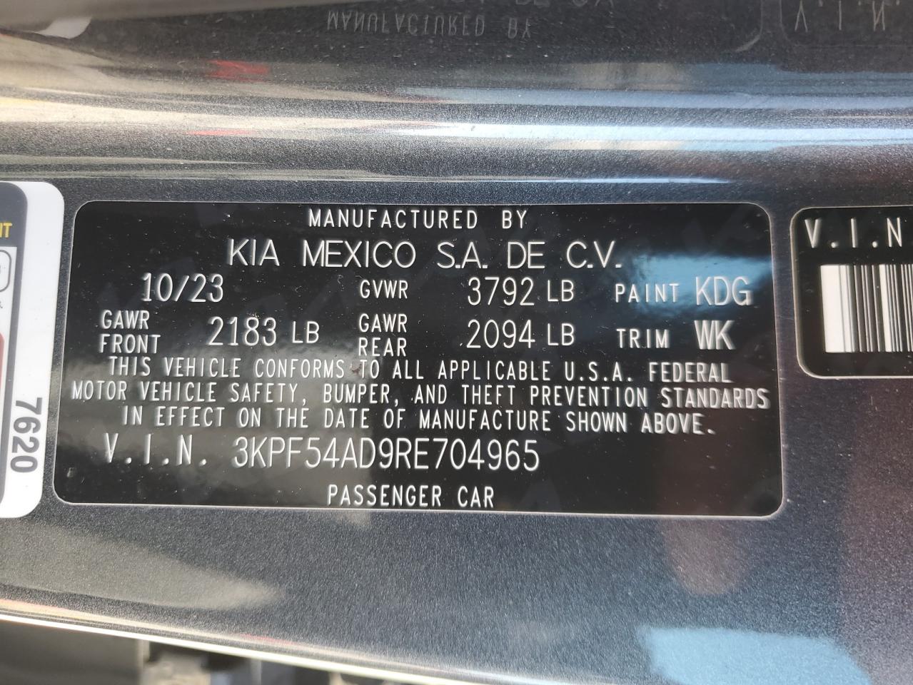 2024 Kia Forte Gt Line VIN: 3KPF54AD9RE704965 Lot: 92601845