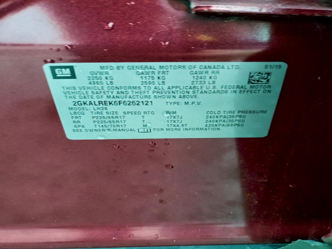 2015 GMC Terrain Sle VIN: 2GKALREK6F6262121 Lot: 92821825