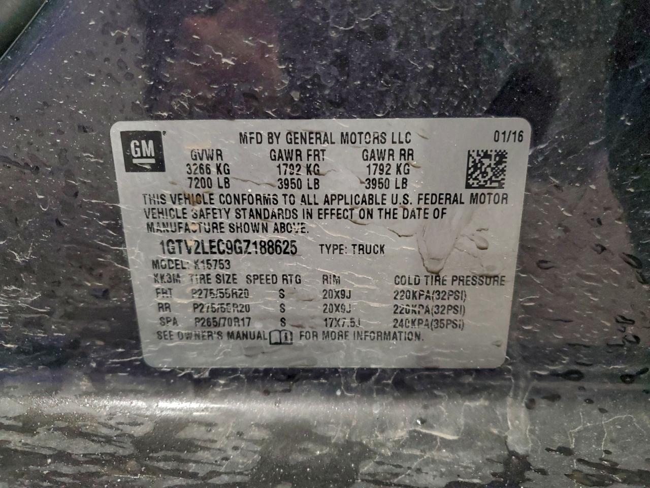 2016 GMC Sierra K1500 VIN: 1GTV2LEC9GZ188625 Lot: 94041905