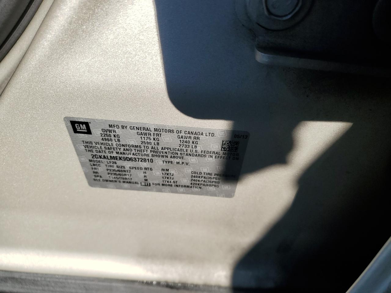 2013 GMC Terrain Sle VIN: 2GKALMEK9D6372810 Lot: 91280155