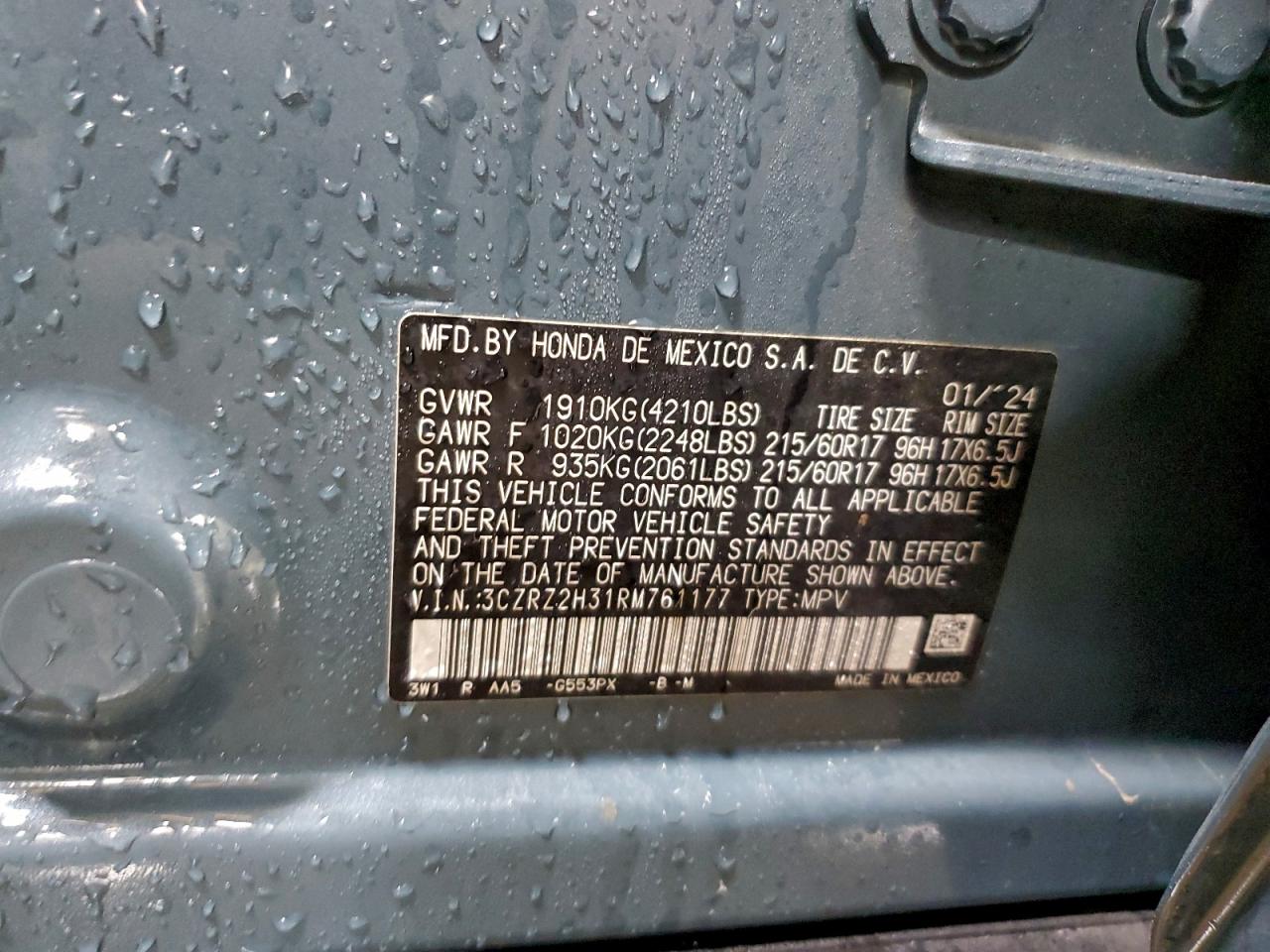 2024 Honda Hr-V Lx VIN: 3CZRZ2H31RM761177 Lot: 94464475