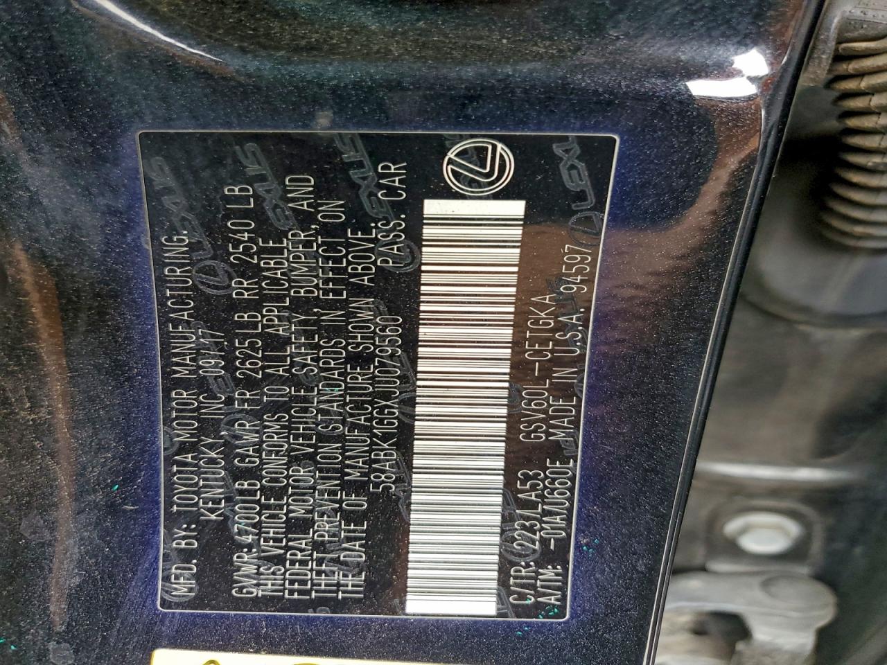 2018 Lexus Es 350 VIN: 58ABK1GGXJU079560 Lot: 94184665