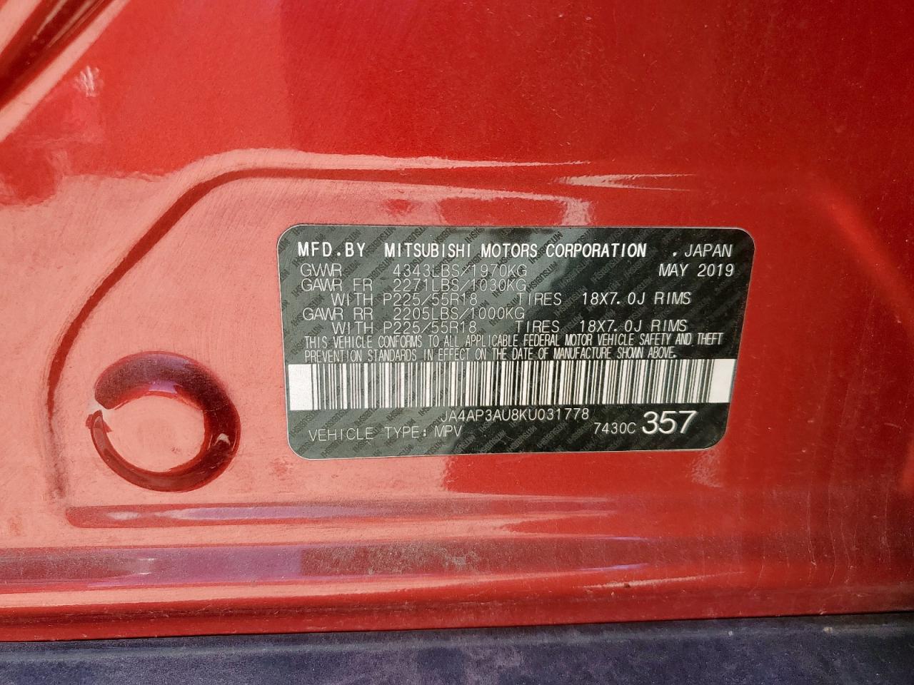 2019 Mitsubishi Outlander Sport Es VIN: JA4AP3AU8KU031778 Lot: 92815835