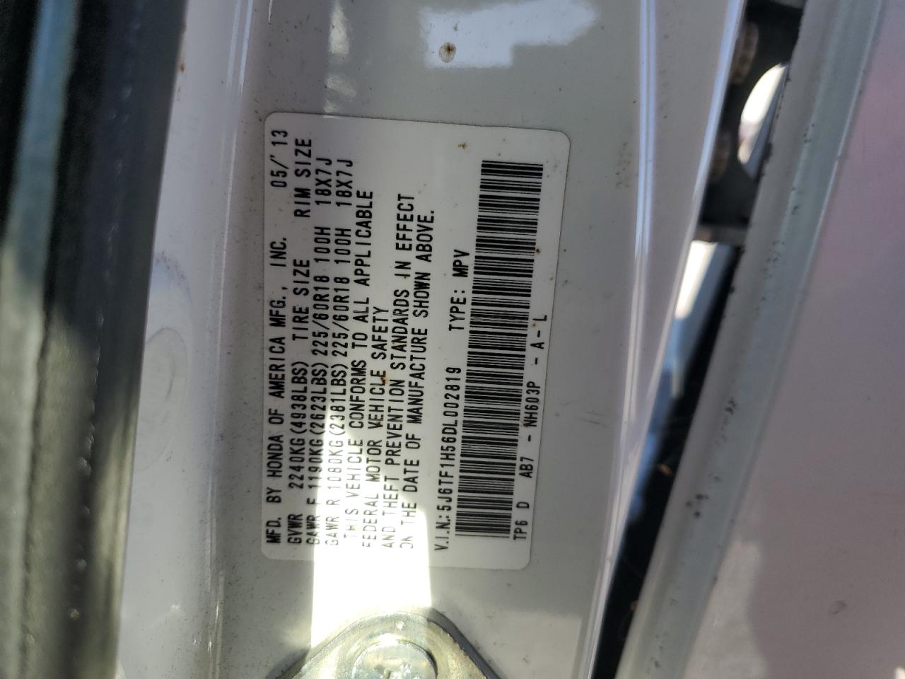 2013 Honda Crosstour Exl VIN: 5J6TF1H56DL002819 Lot: 90917275