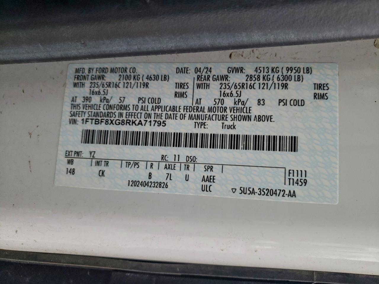 2024 Ford Transit T-350 Hd VIN: 1FTBF8XG8RKA71795 Lot: 93090905