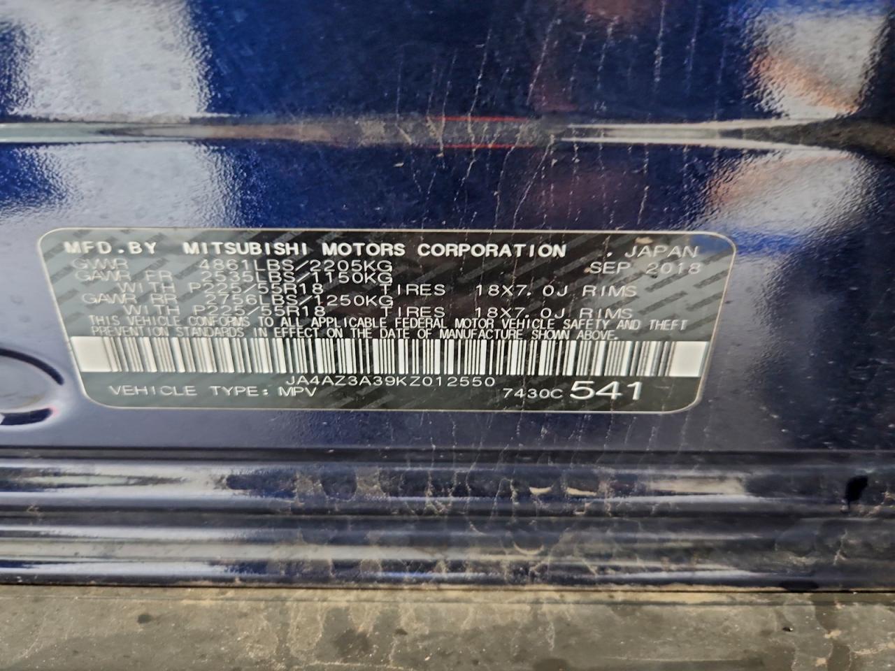 2019 Mitsubishi Outlander Se VIN: JA4AZ3A39KZ012550 Lot: 93333515