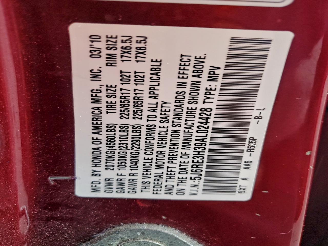 2010 Honda Cr-V Lx VIN: 5J6RE3H39AL024428 Lot: 94193395