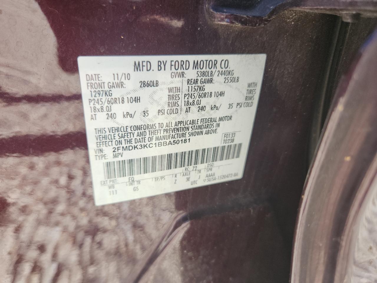 2011 Ford Edge Limited VIN: 2FMDK3KC1BBA50181 Lot: 92578175