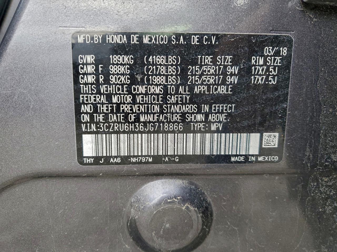2018 Honda Hr-V Lx VIN: 3CZRU6H36JG718866 Lot: 93853495