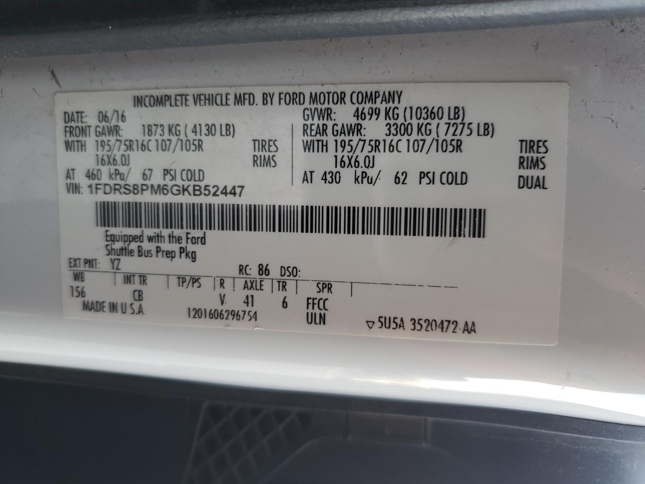 2016 Ford Transit T-350 Hd VIN: 1FDRS8PM6GKB52447 Lot: 90878095