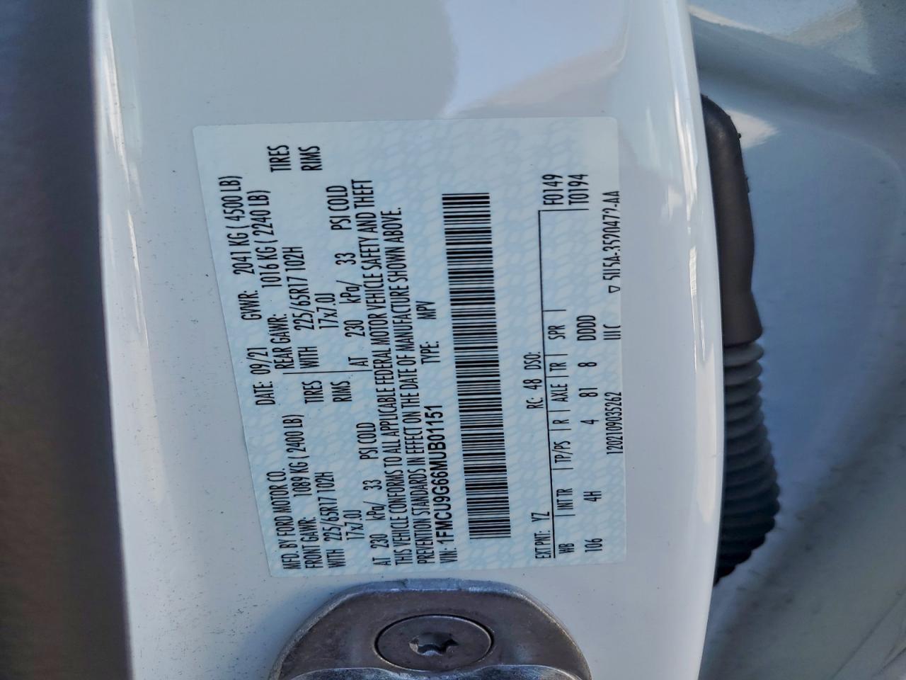 2021 Ford Escape Se VIN: 1FMCU9G66MUB01151 Lot: 93919255