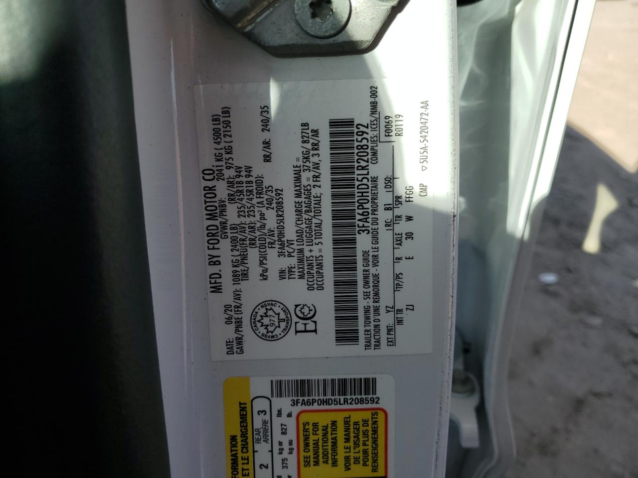 2020 Ford Fusion Se VIN: 3FA6P0HD5LR208592 Lot: 90547025