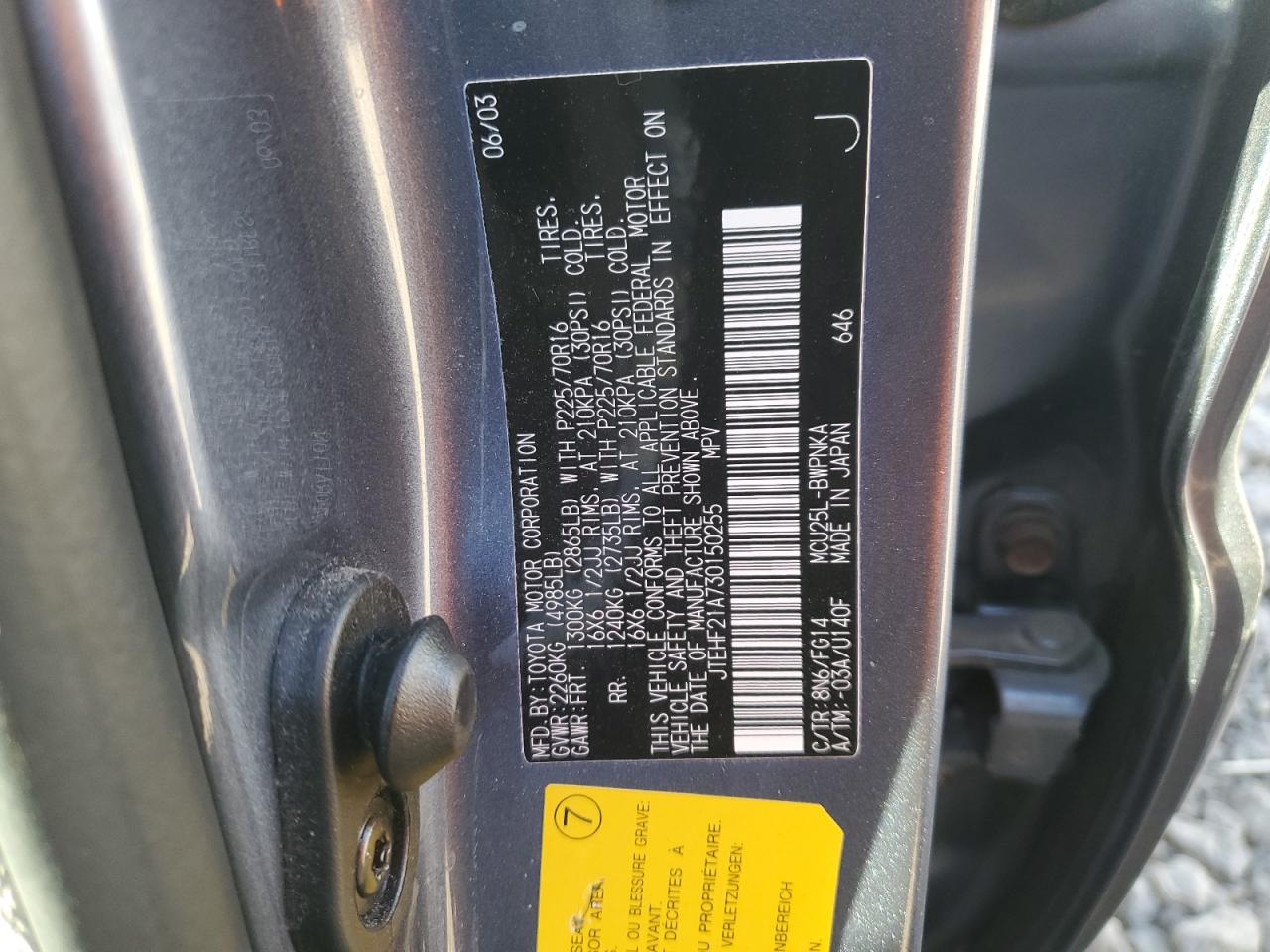 2003 Toyota Highlander Limited VIN: JTEHF21A730150255 Lot: 90940135