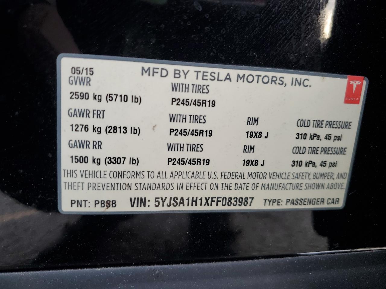 2015 Tesla Model S 85 VIN: 5YJSA1H1XFF083987 Lot: 91658665