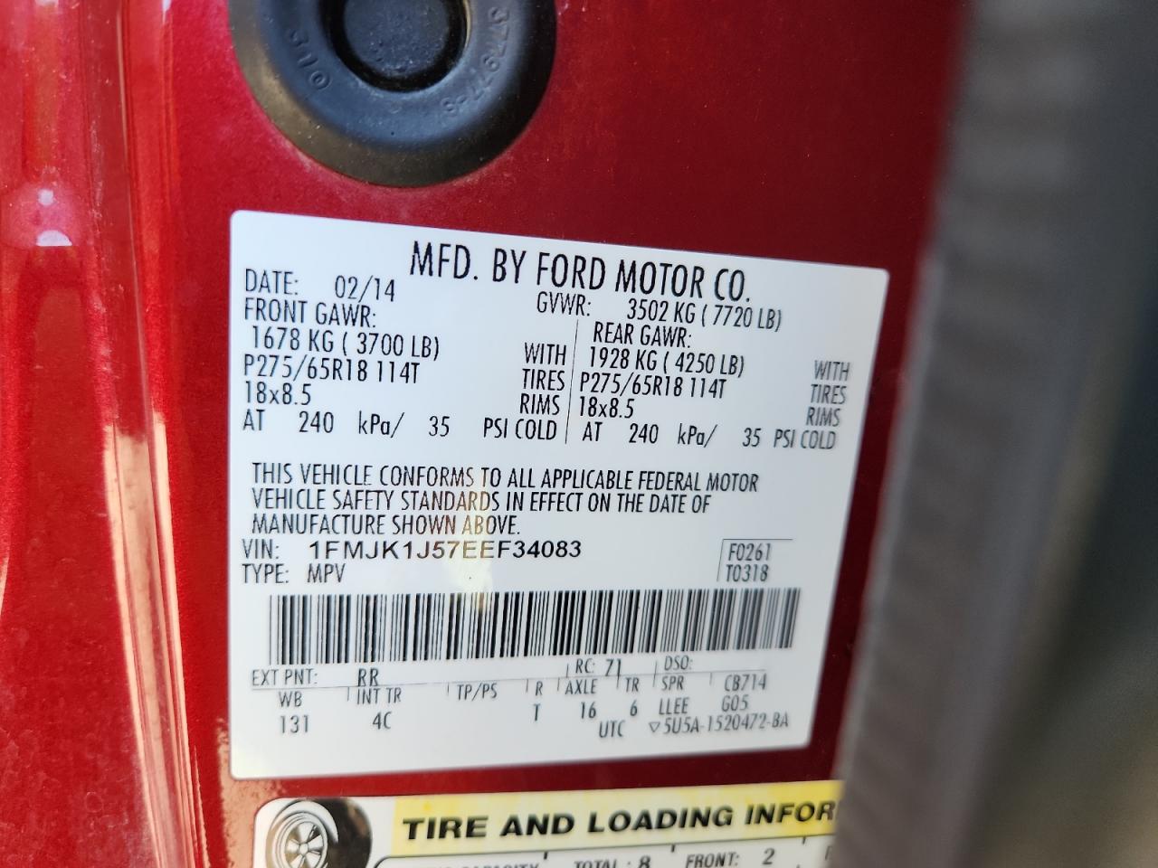 2014 Ford Expedition El Xlt VIN: 1FMJK1J57EEF34083 Lot: 92954305