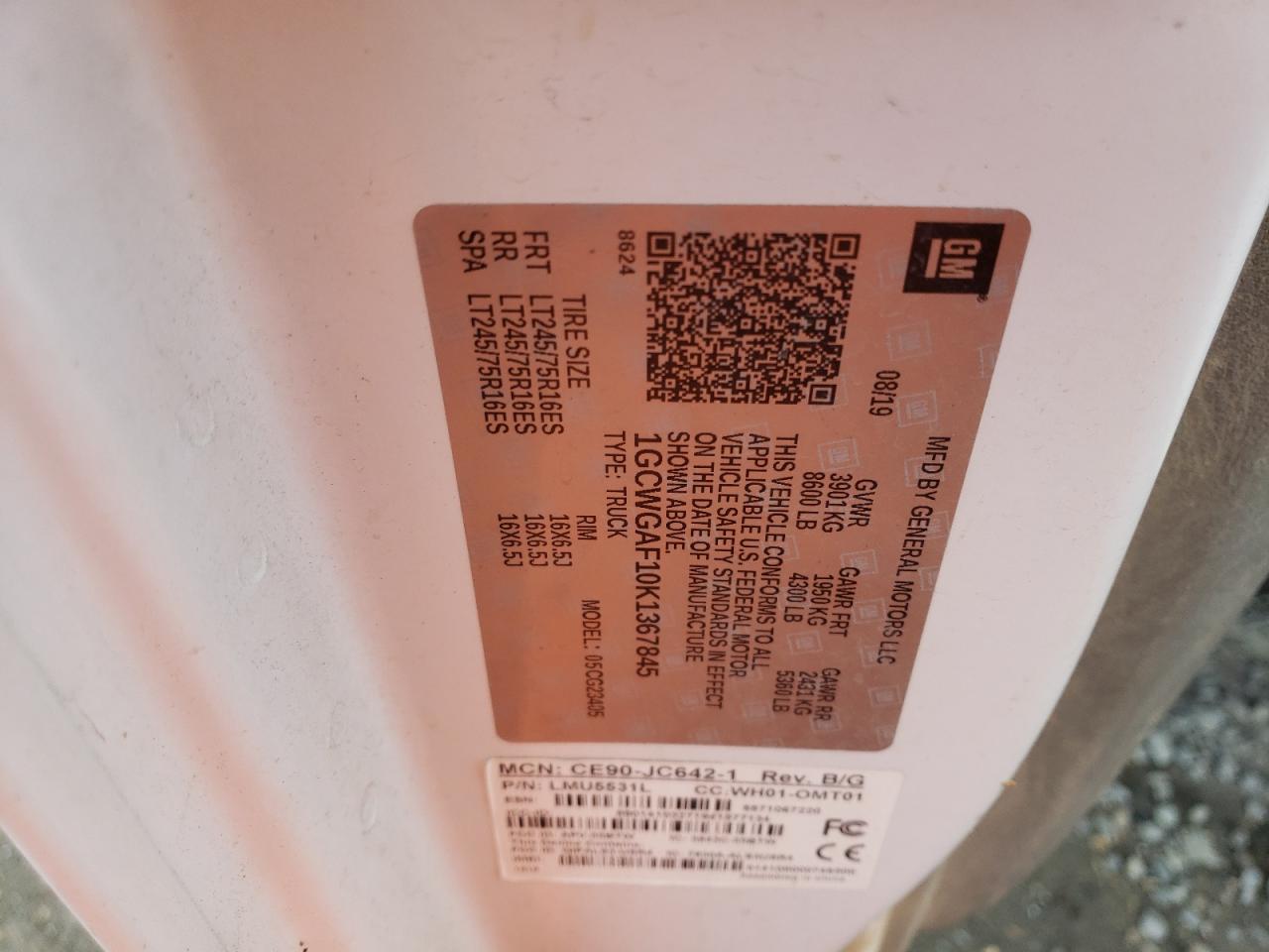 2019 Chevrolet Express G2500 VIN: 1GCWGAF10K1367845 Lot: 91466405