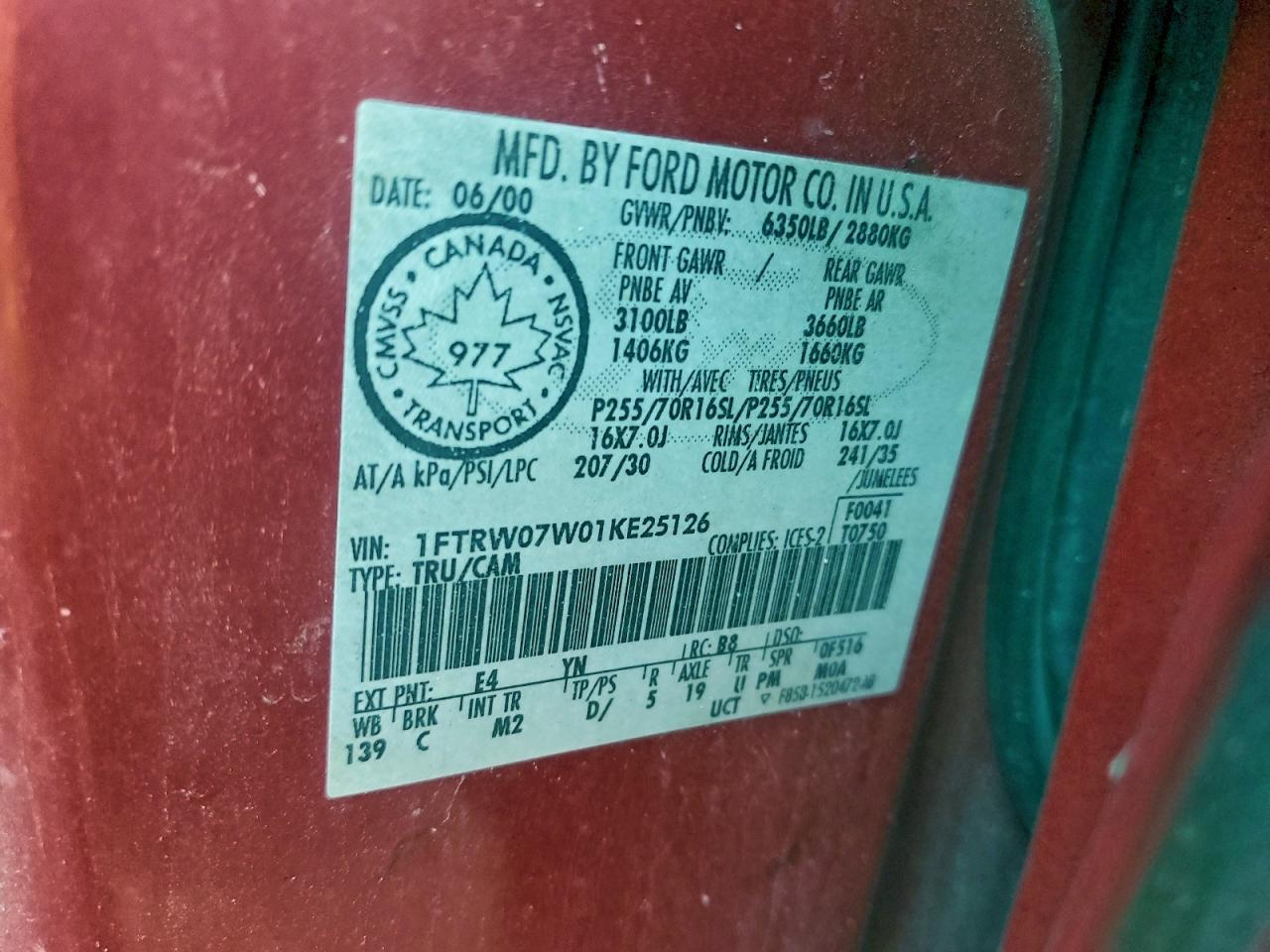 2001 Ford F150 Supercrew VIN: 1FTRW07W01KE25126 Lot: 92658505