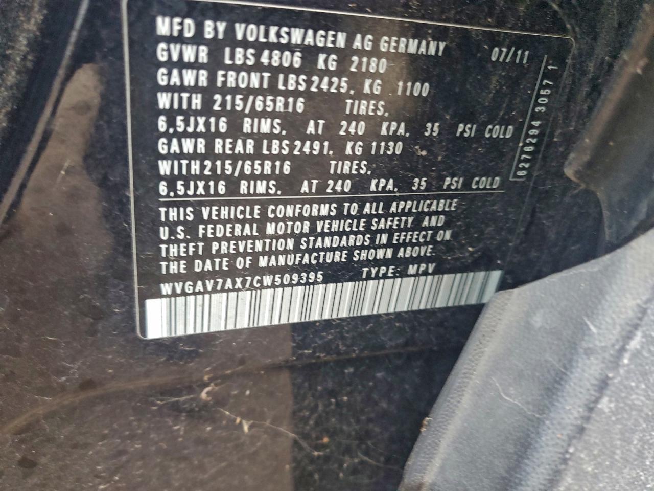 2012 Volkswagen Tiguan S VIN: WVGAV7AX7CW509395 Lot: 94331615