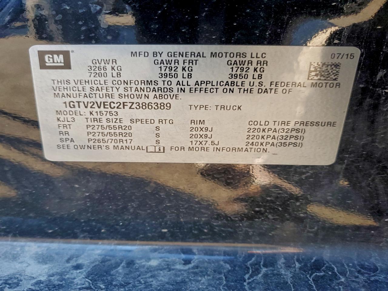 2015 GMC Sierra K1500 Slt VIN: 1GTV2VEC2FZ386389 Lot: 94136275