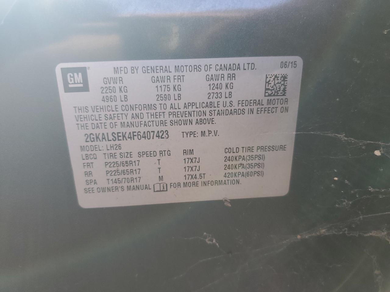 2015 GMC Terrain Slt VIN: 2GKALSEK4F6407423 Lot: 91488205