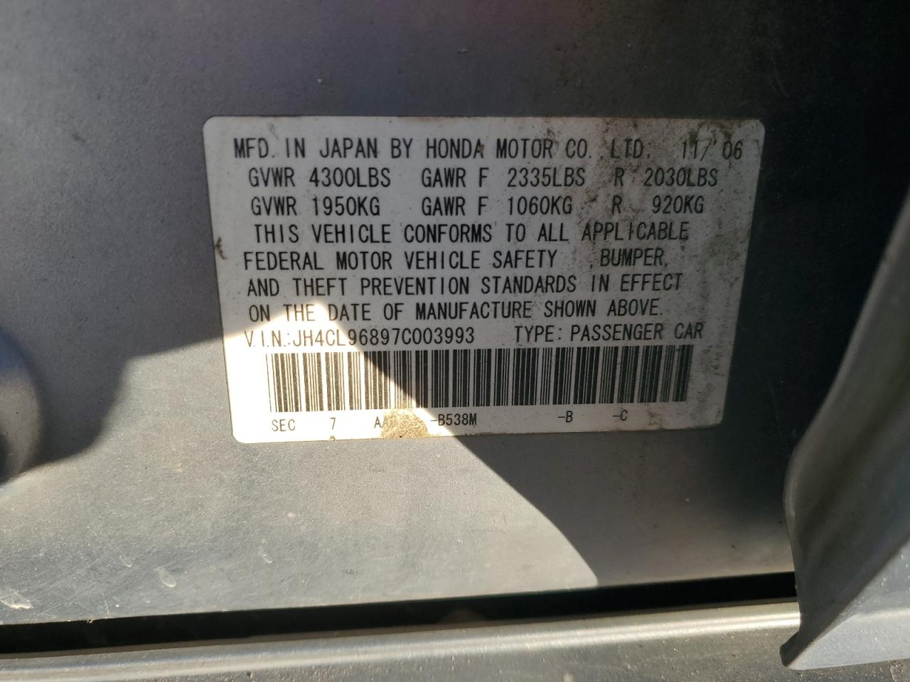 2007 Acura Tsx VIN: JH4CL96897C003993 Lot: 92129765