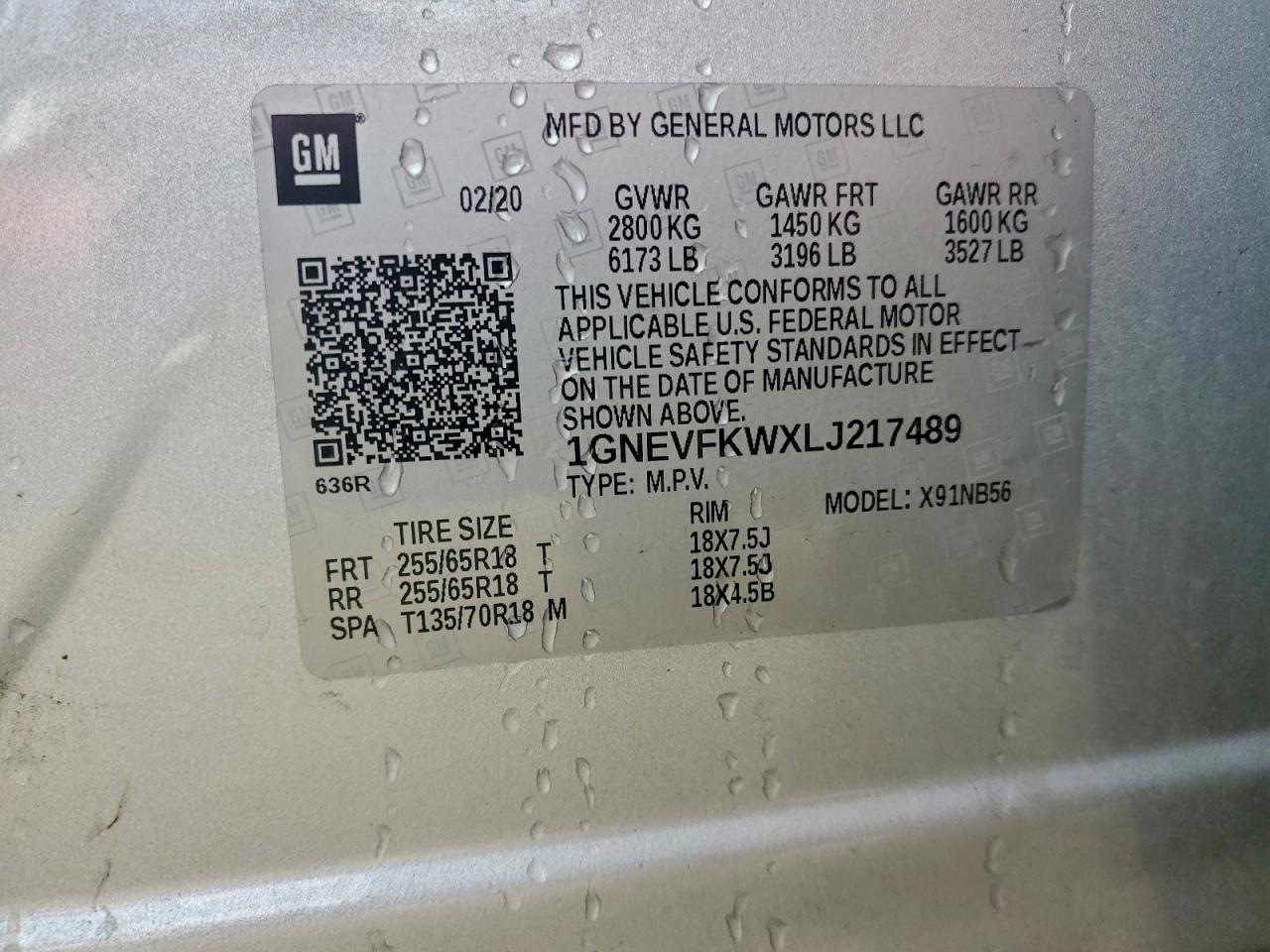 2020 Chevrolet Traverse Ls VIN: 1GNEVFKWXLJ217489 Lot: 92809125