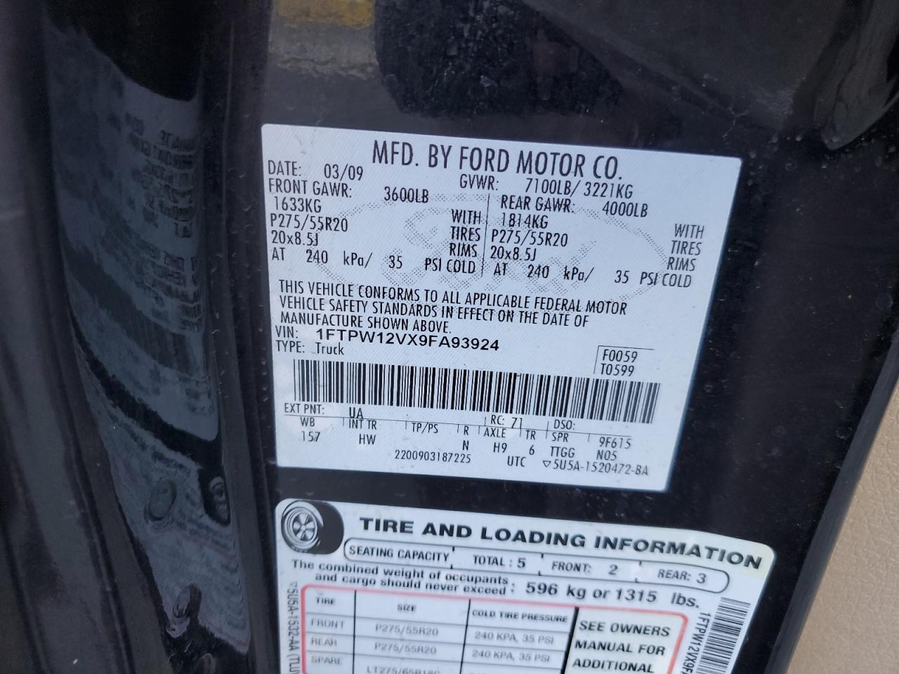 2009 Ford F150 Supercrew VIN: 1FTPW12VX9FA93924 Lot: 94113505